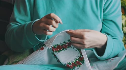 Woman Doing Needlework at Home, Close Up
