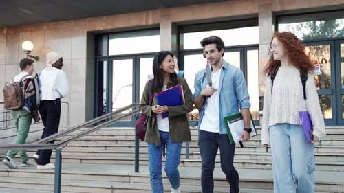 College Student Friends Talking and Walking to University School