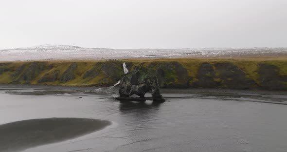 aerial view of hvitserkur basalt rock with waterfall, Nature Stock ...