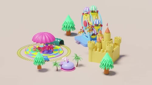 Colorful Playground Scene with Sandcastle and Ferris Wheel