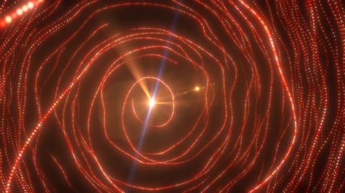 Intense red glowing spiral tunnel with light particles forming a futuristic vortex effect