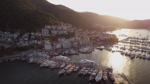 Awesome aerial view of Fethiye Marina at sunset, Turkey