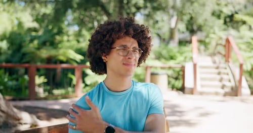 Shoulder pain, park and man with injury from exercise and fitness outdoor with muscle inflammation