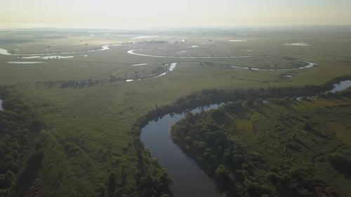 Luftbild der grünen Wiese mit Fluss