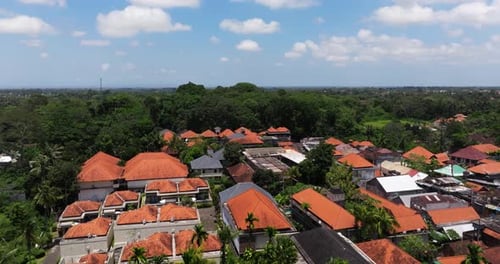Aerial View of Tropical Village Rooftops and Trees