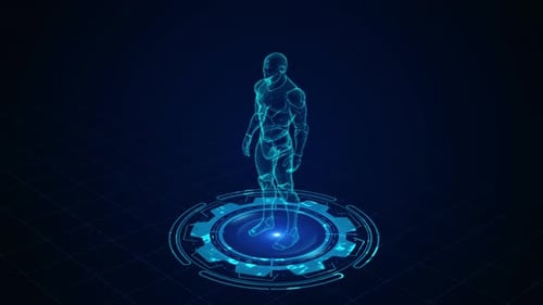 Rotating Holographic Human Figure on Digital Tech Platform