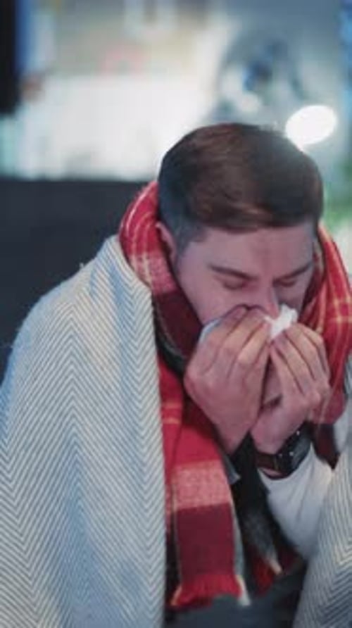 Miserable Caucasian Young Adult Sufferingk Sickness Flu Virus Symptoms Sneezing Allergy Covering in