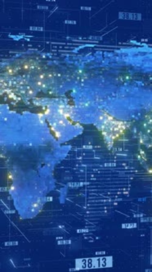 Digital World Map Global Network Data Display Vertical Loop