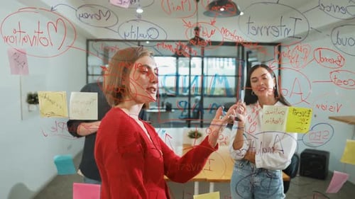 Brainstorming Session in Modern Office with Glass Whiteboard