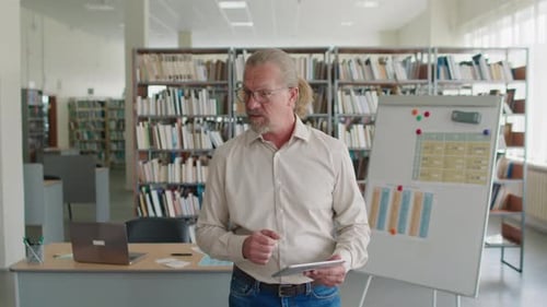 Professional Man Holding Tablet in Workplace Library