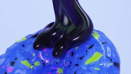 Dark Liquid Flowing Onto a Vibrant Blue Donut with Colorful Sprinkles