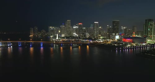 Aerial View of Downtown Office District of Miami Brickell in Florida USA at Night High Waterfront