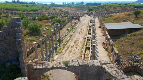 In This Captivating Aerial Stock Video the Remarkable Ruins of the Ancient City of Perge in