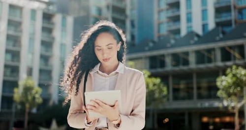 Tablet, outdoor city and woman walking with networking application, business travel news