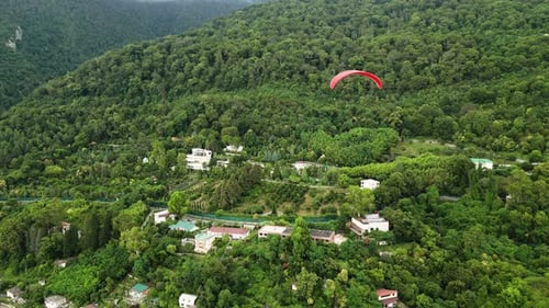 Der Gleitschirmflieger fliegt über die Baumwipfel, Instruktor mit Tourist fliegt extrem