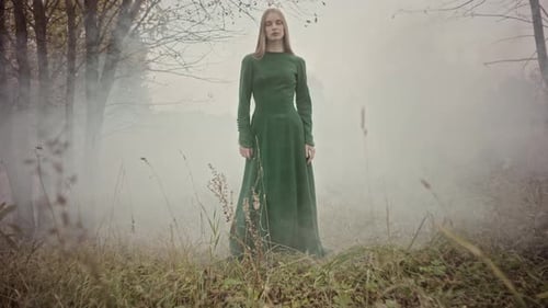 Blonde woman wearing long green dress standing in foggy forest clearing