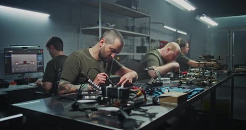 Modern Manufacturing Facility Bustles With Skilled Workers Various Stations Building FPV Drones