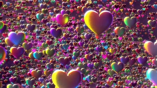 Vibrant Rainbow 3D Hearts Floating in a Dreamy Animated Back