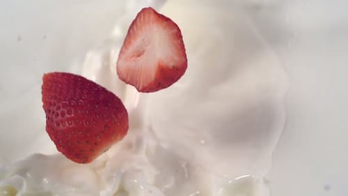 Fresh Strawberries Splashing into Cold Creamy Milk