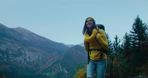 Backpacker on Autumn Vacation Trip Hike on Epic Mountain Landscape Enjoy Views