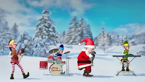 Funny Santa Claus and Elfs Play Musical Instruments in