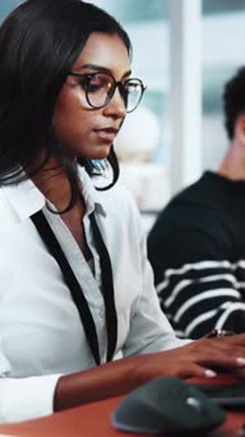 Typing, review and woman with programming in office, server update and system maintenance planning