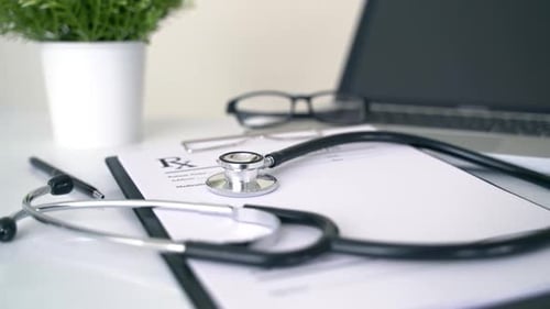 Stethoscope and Prescription on Desk in Office