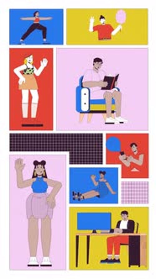 Diverse curvy people working, expressing themselves, relaxing bento grid vertical animation