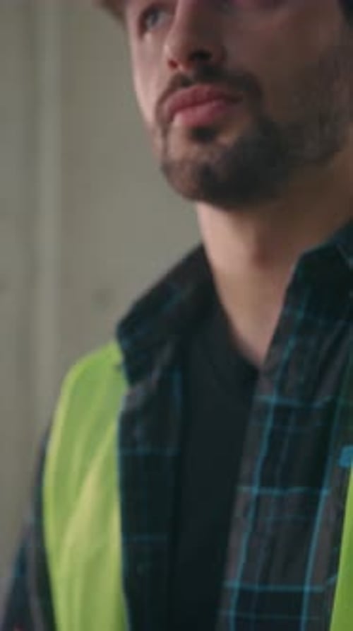 Thoughtful Pensive Caucasian Man Builder Industry Engineer Manufacture Worker Thinking Writing