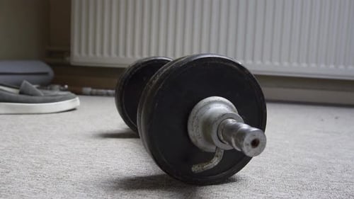 Metal Dumbell laying on bedroom floor for indoor excersize.