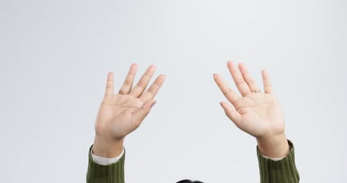 Hands, wave and sign for hello, goodbye or friendly greeting on white background in studio