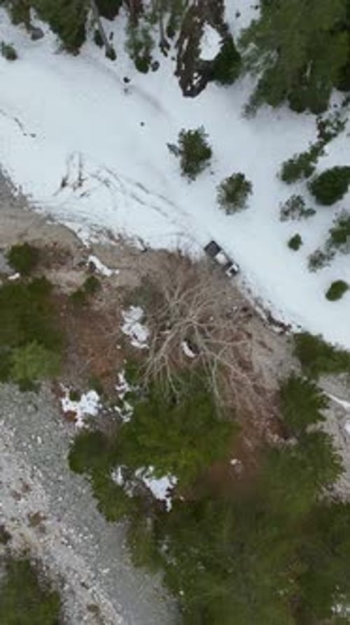 Vertical Video Forest Cinematic Serenity Aerial View of Winter Mountain Landscape with River and