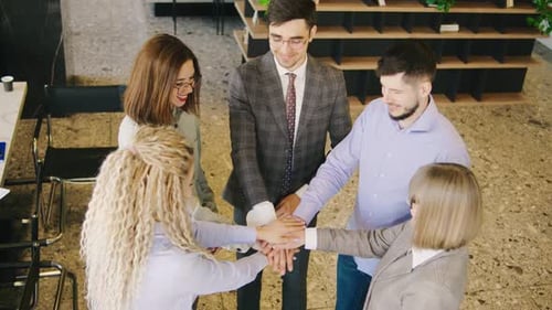 Team of Young Business Professionals with Elderly Female Director Place Their Hands Together in a