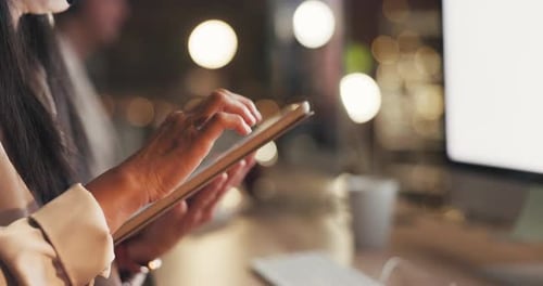 Hands, business or woman typing on tablet in office, working on email or content research project
