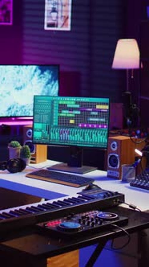 Vertical Video Empty Home Studio Equipped with Mixing Console and Soundboard