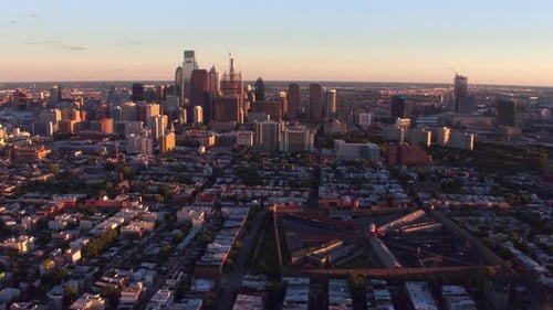 Philadelphia Pennsylvania aerial view at dusk showcasing the city skyline