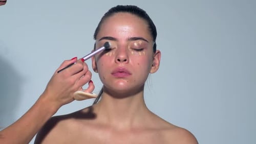 Fashion Makeup Fot Young Sexy Woman Close Up Visage Cosmetic Mascara Makeup Artist Applying