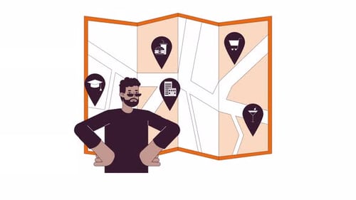 Animated Person Exploring Map with Appearing Location Markers
