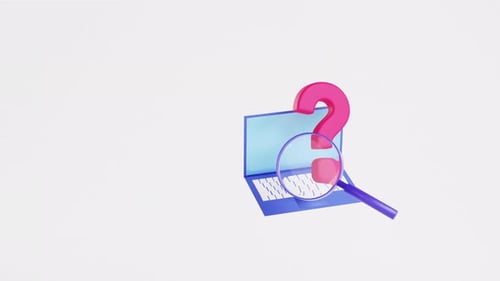 Animation of laptop, magnifying glass and Question mark. Information Search and Online Inquiry.
