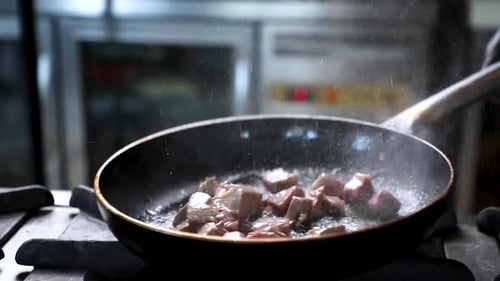 Diced Meat Sizzles in Frying Pan