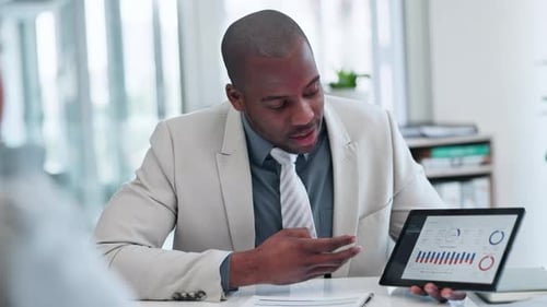 Business man, meeting and tablet presentation for stock market proposal