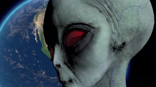 Futuristic Alien Head with Red Eyes Observing Planet Earth