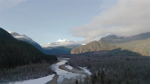 River Mountains and Forest in Canadian Nature Landscape Background