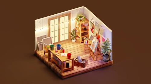 3D Isometric Animation Loop of Creative Art Studio with Glowing Garland