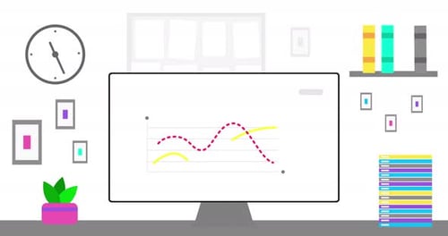 Office Computer with Simple Modern Infographics on Screen Modern Office Interior and Data or