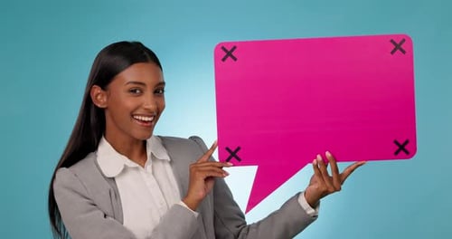 Happy business woman, speech bubble and social media for feedback against a studio background