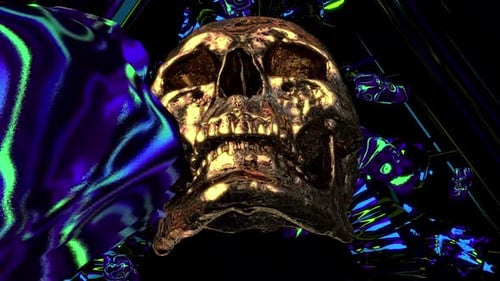 Golden Metallic Skull with Dynamic Abstract Neon Glow Loop