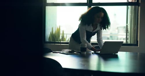 Laptop, documents and business woman in office for online proposal, investment research and report