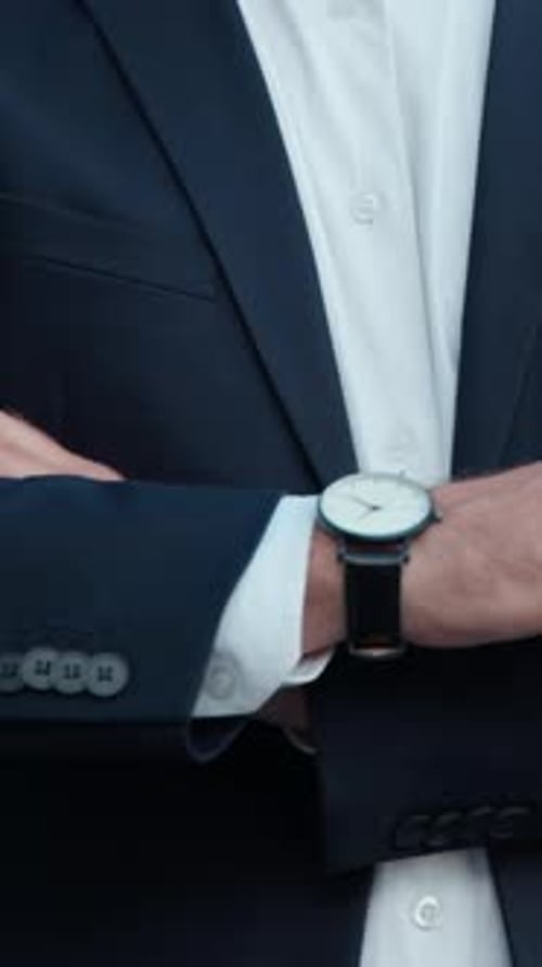 Closeup Unrecognizable Business Man Pointing on Wristwatch Checking Time Late in City Unknown