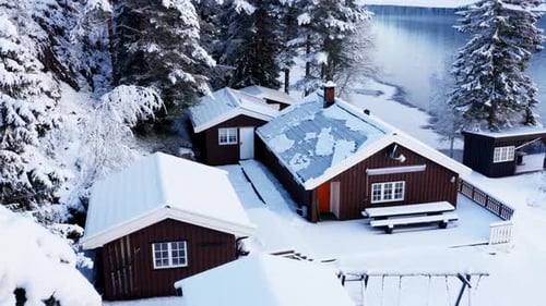 Houses And Forest Covered With Snow Near The Lake. aerial